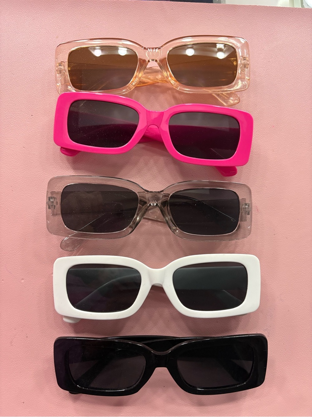 SHEIN Five-Pack Rectangular Sunglasses — Pink, Clear, Gray, White, Black